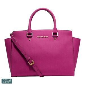 Michael Kors Selma Large Saffiano Leather Satchel Tote Bag Fuchsia Pink